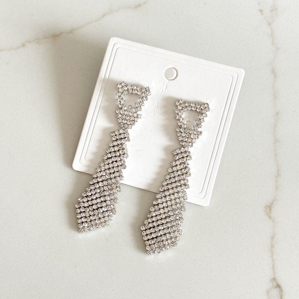 Silver Tone Rhinestone Tie Pierced Long Earrings - Picture 3 of 3